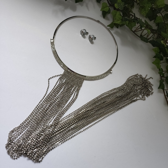 Silver 20 Strand Crystal Rhinestone Drop Choker Necklace Earrings Set - Picture 3 of 8